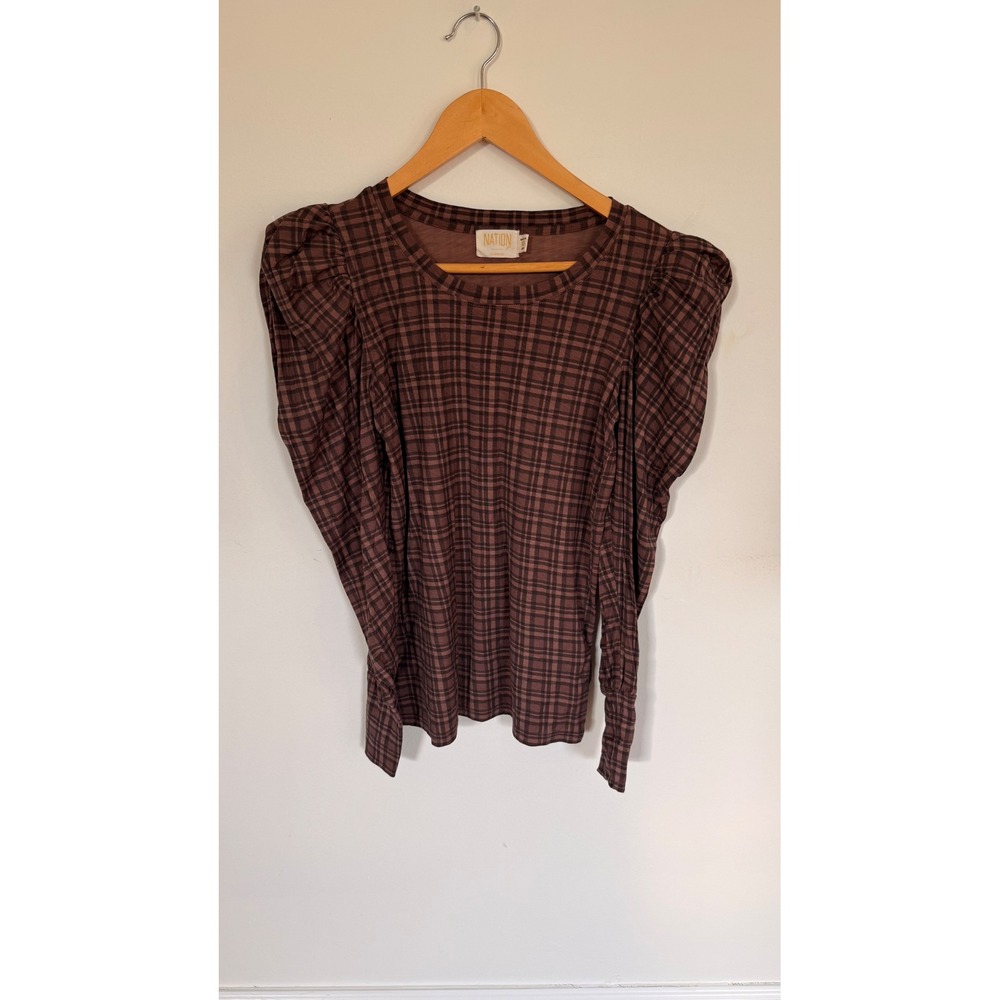 Nation LTD Brown Plaid Pima Cotton Puff Sleeve Top XS Preppy Old Money